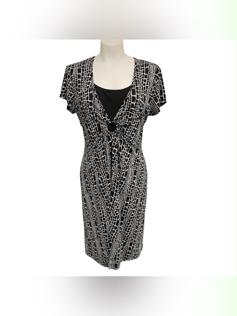 connected Black and White Geometric Faux-Wrap Dress Size L